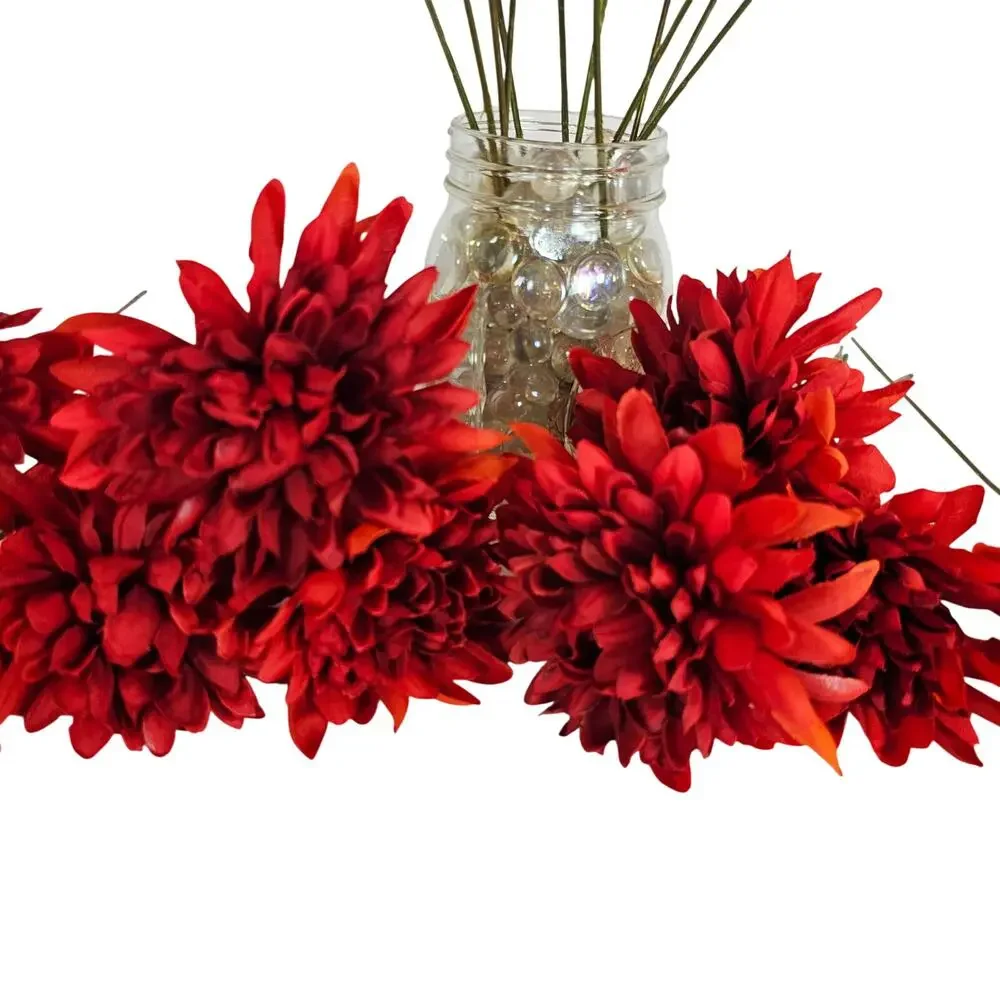 Red Artificial Chrysanthemum Mum Flowers 16 Stems Silk Floral Fall Decor